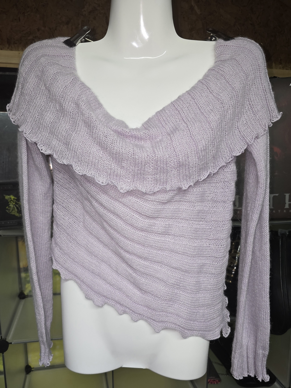 #92 Forever 21 Super Lightweight Lavender Off-the-Shoulder Ruffle Knit Sweater